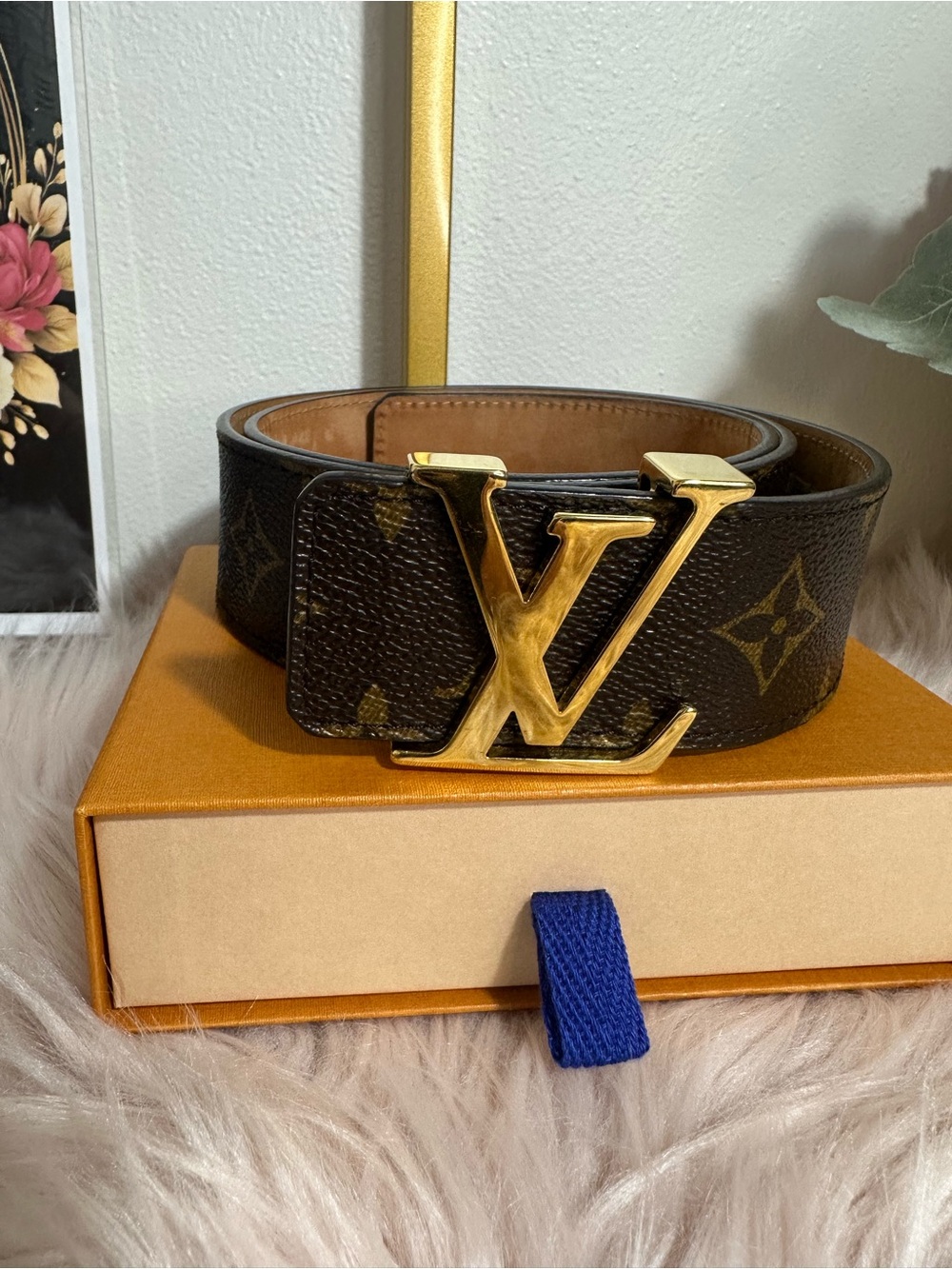 Authentic Louis Vuitton Monogram Belt with Gold LV Buckle - Brown & Gold
